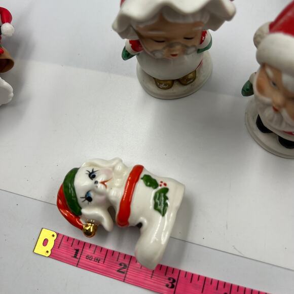 Vintage Glazed Ceramic Christmas Puppy in Stocking Holly Berry Gold Bell Mini - Picture 2 of 7